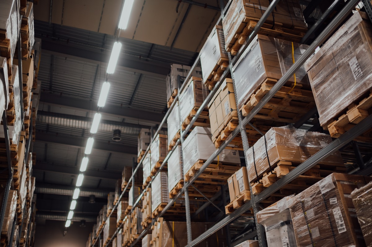 Warehouse racks with palletised cargo in secure storage